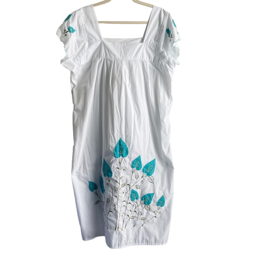 Vintage White Embroidered Dress Leaves & Vines - Turquoise / Green Dead Stock